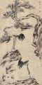 pino y grullas tinta china antigua